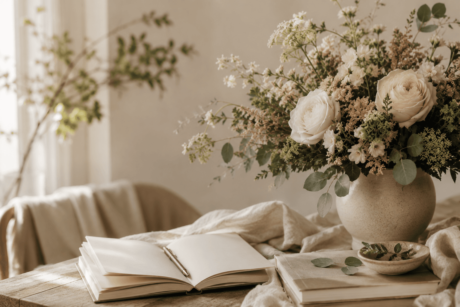 A lush floral arrangement representing the Simply Elegant Florals studio journal