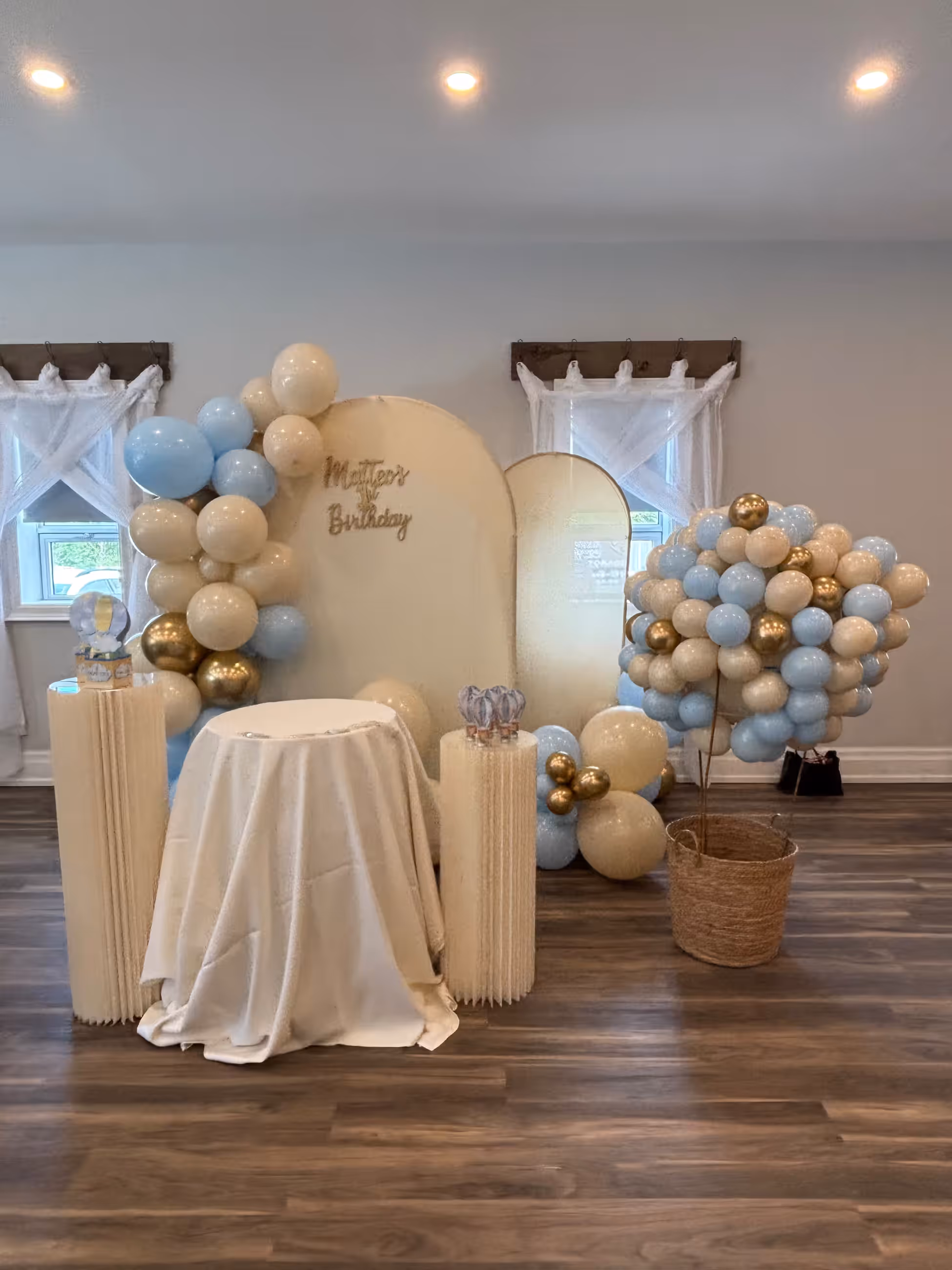 Blue cream gold balloon arch birthday backdrop