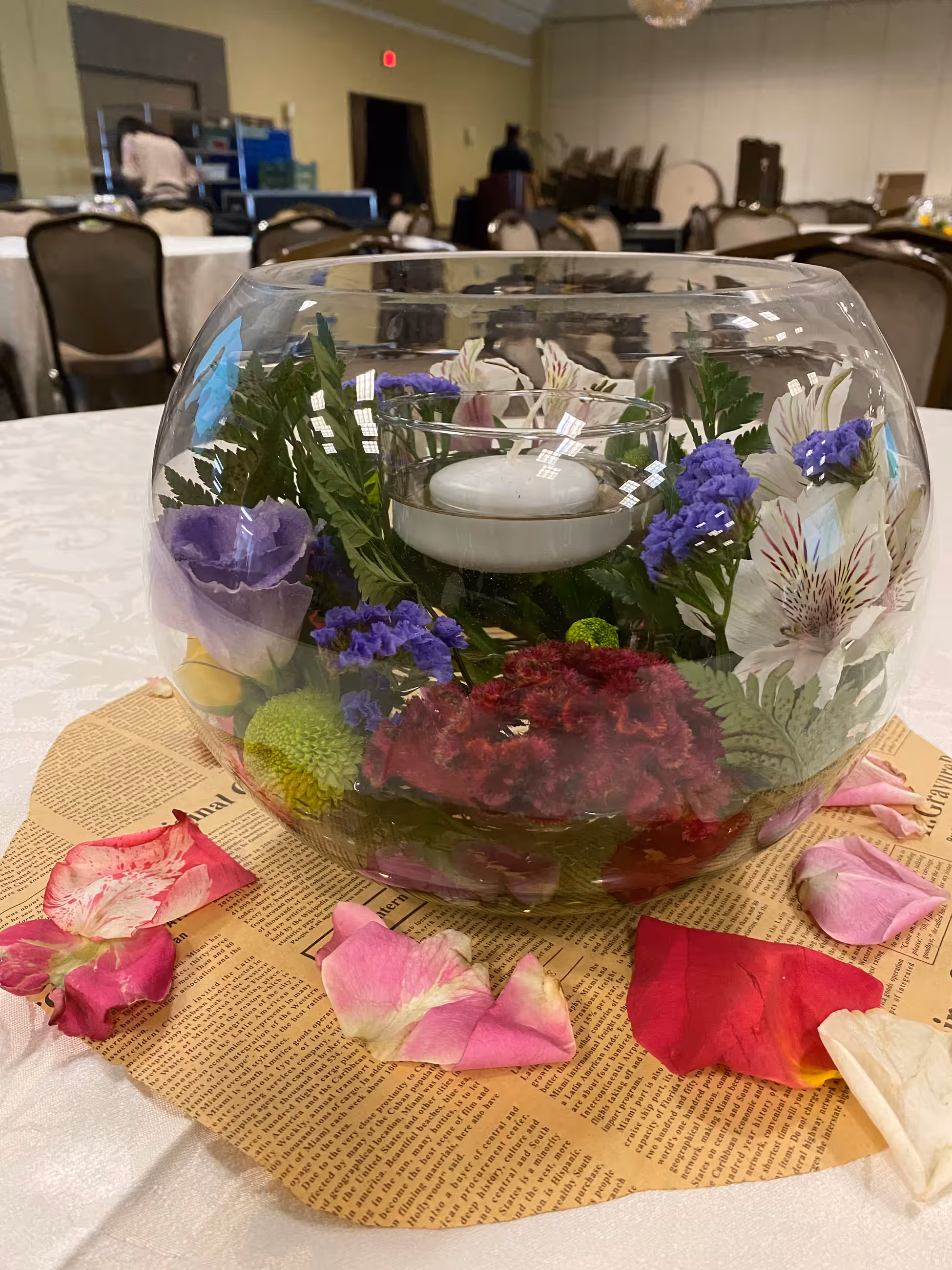 Glass bowl centerpiece rose petals floating candle