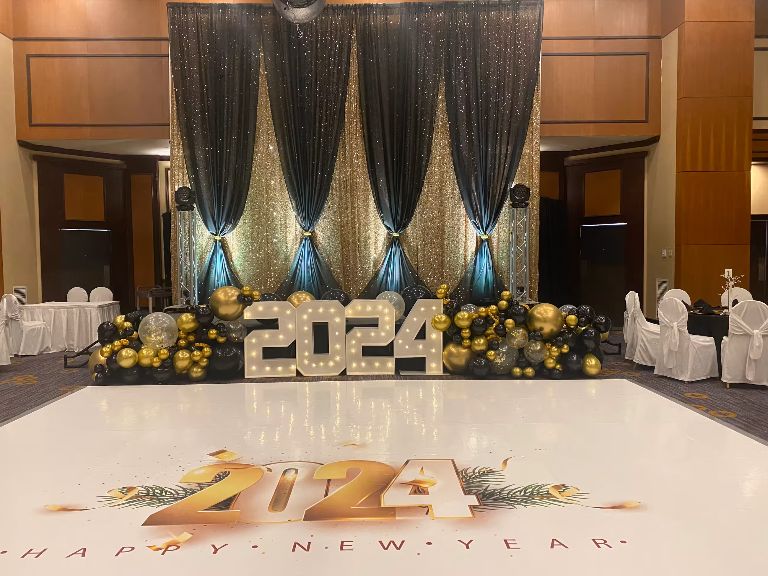 Gold black new year dance floor backdrop drapery