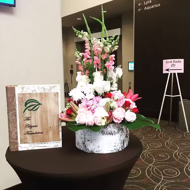 Pink white rose lily arrangement birch planter