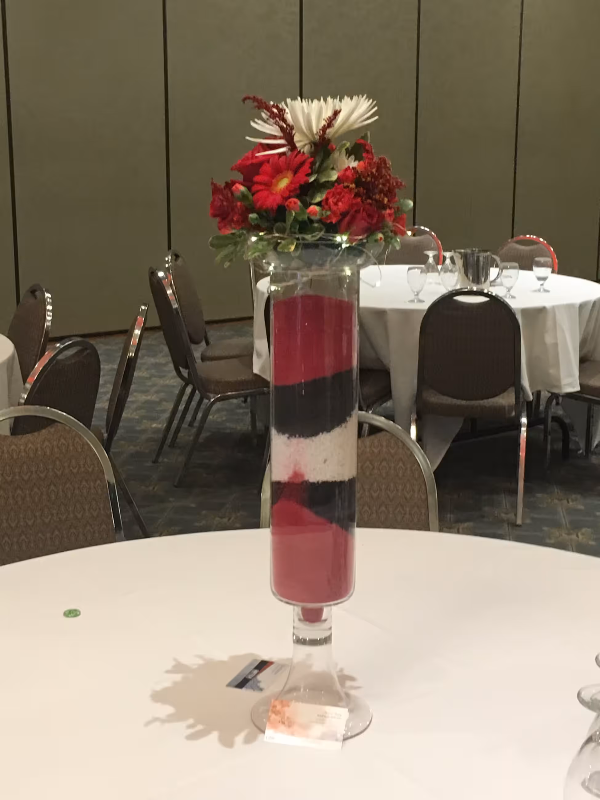 Red black white sand layered vase floral topper