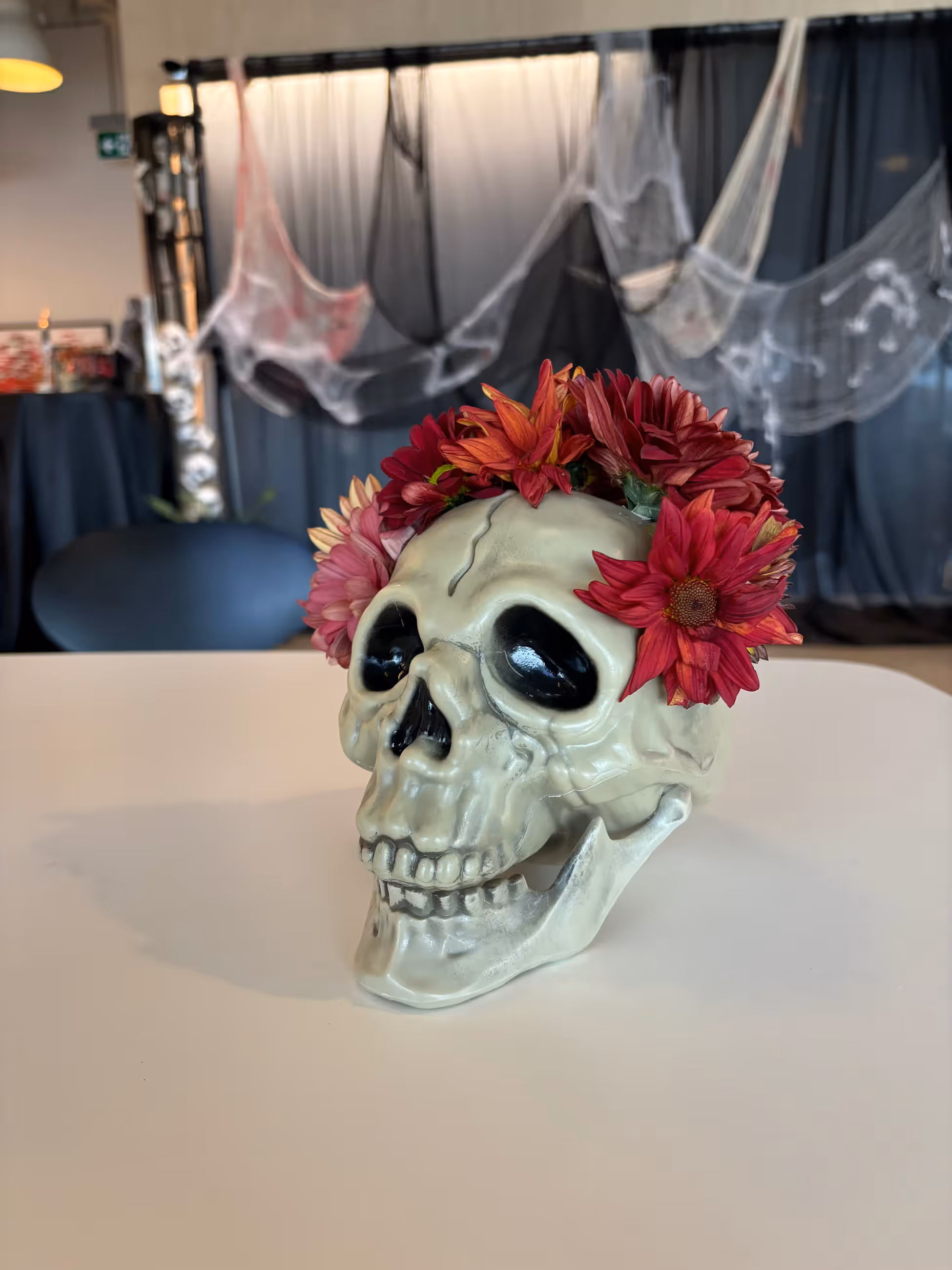 Red dahlia flower crown skull halloween decor