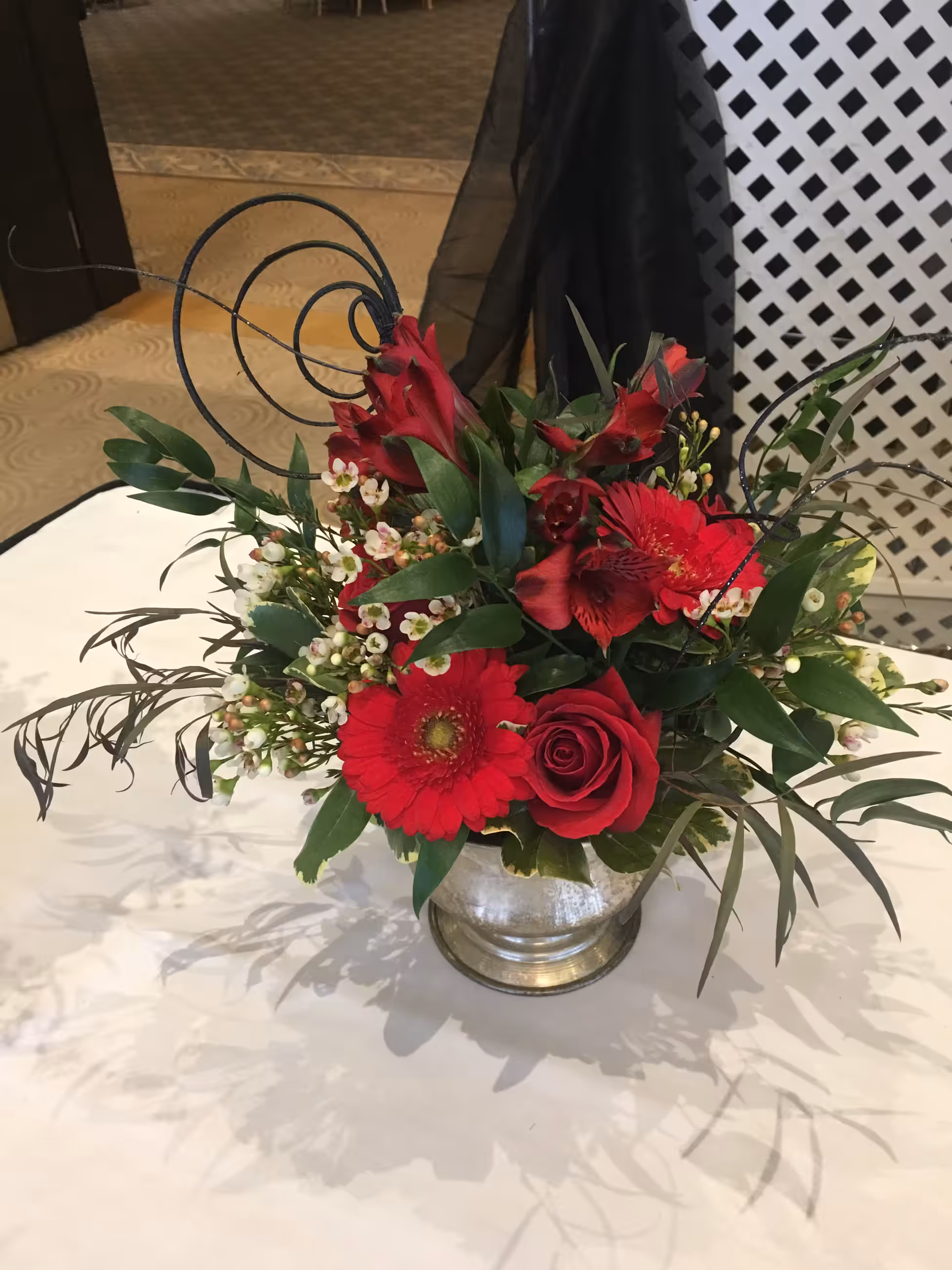 Red gerbera rose floral mercury glass vase