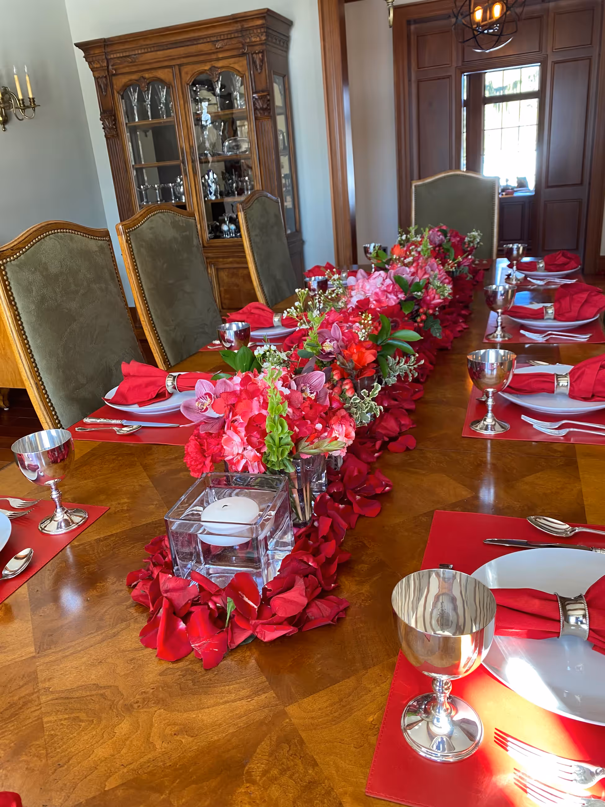 Red pink rose petal floral table runner formal dining