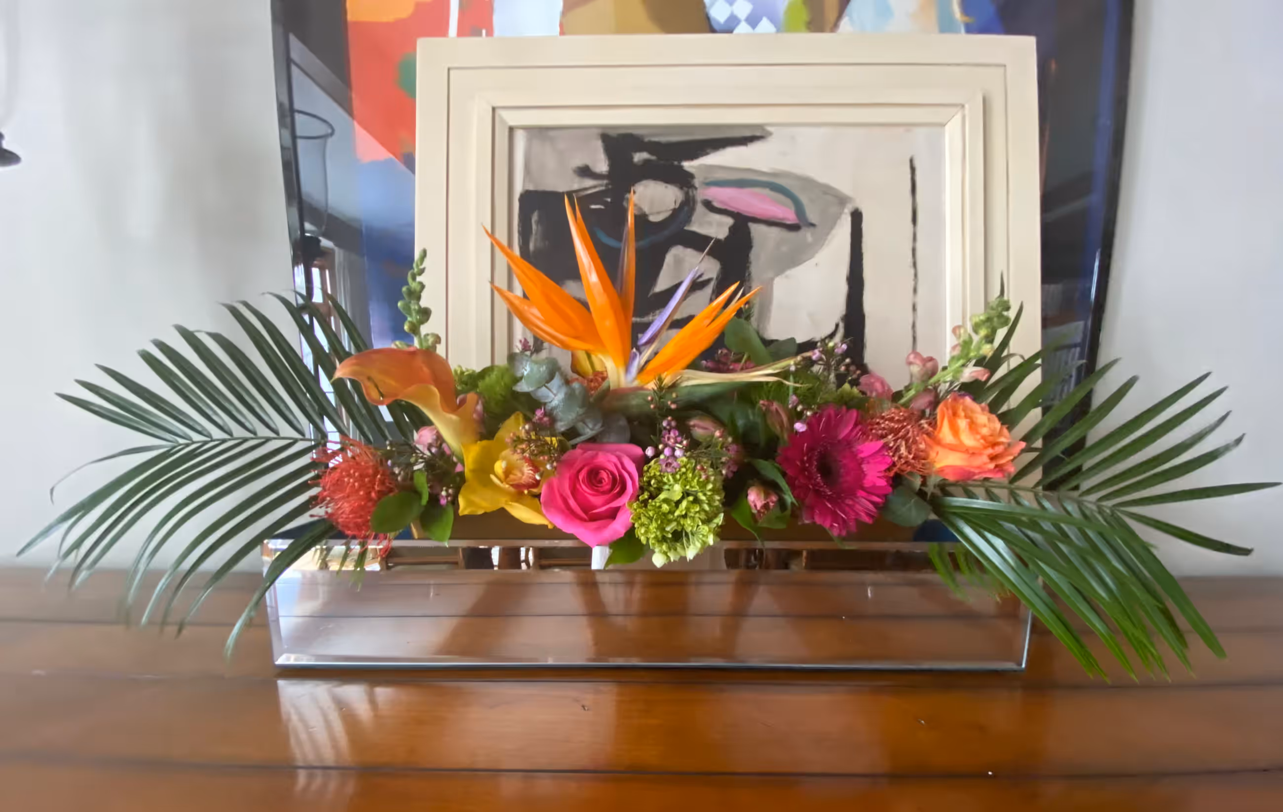 Tropical floral arrangement mirrored planter artwork