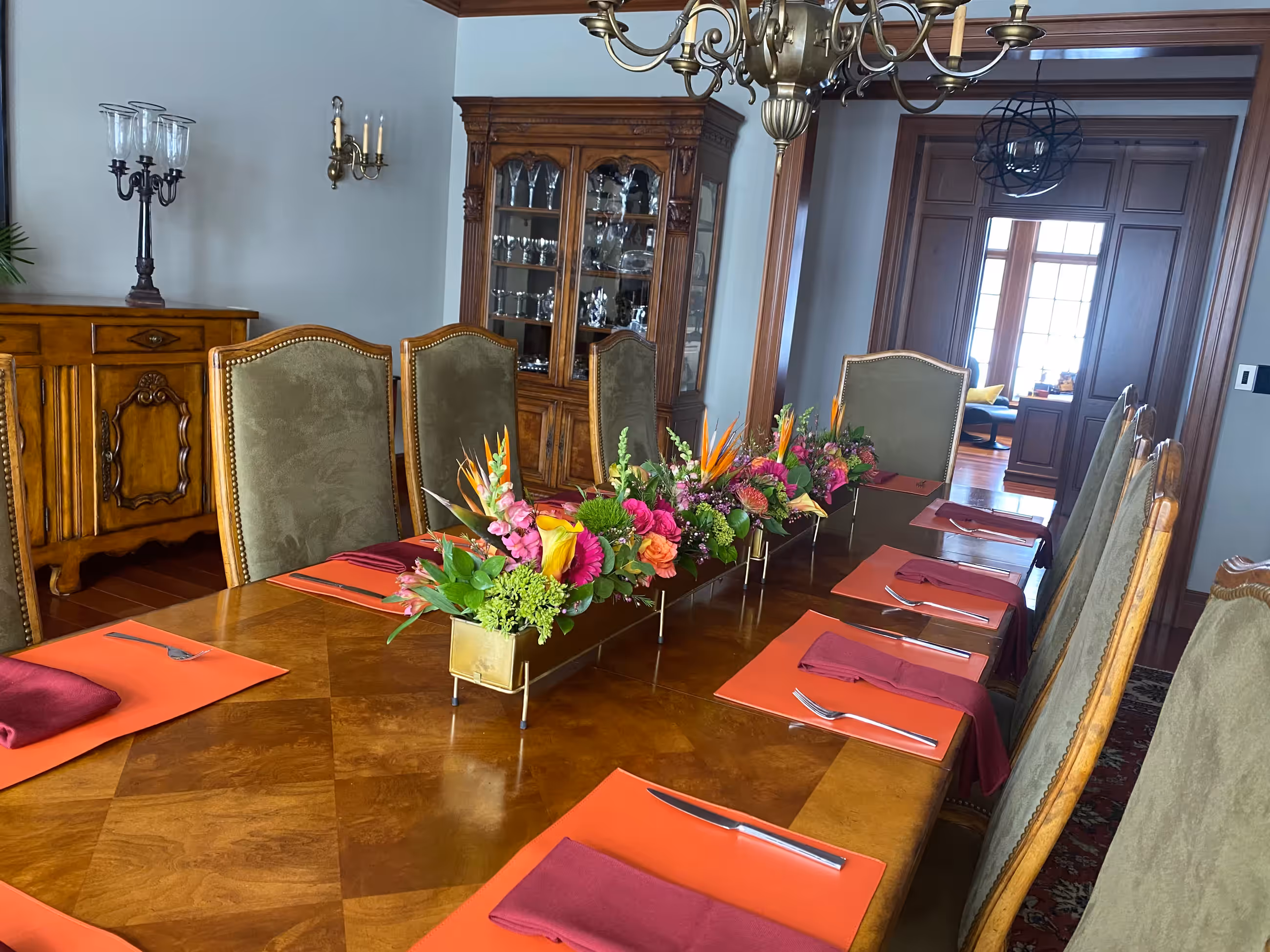Tropical floral centerpiece formal dining table long