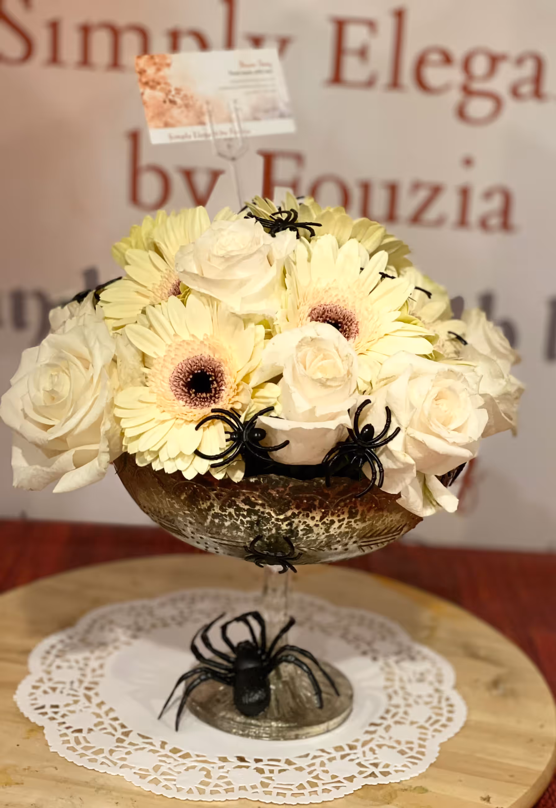 White rose gerbera bouquet black spider halloween