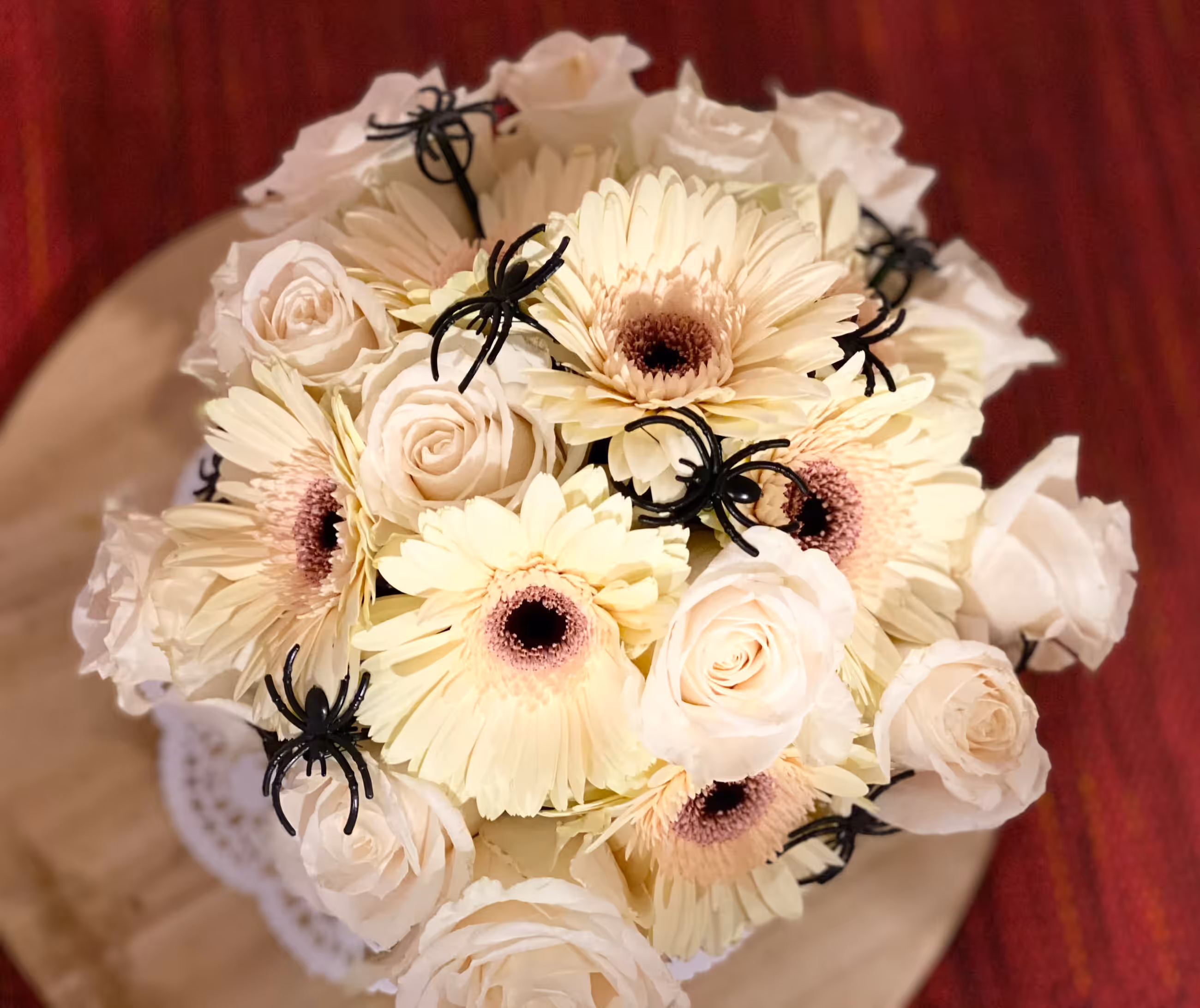 White rose gerbera halloween bouquet top view