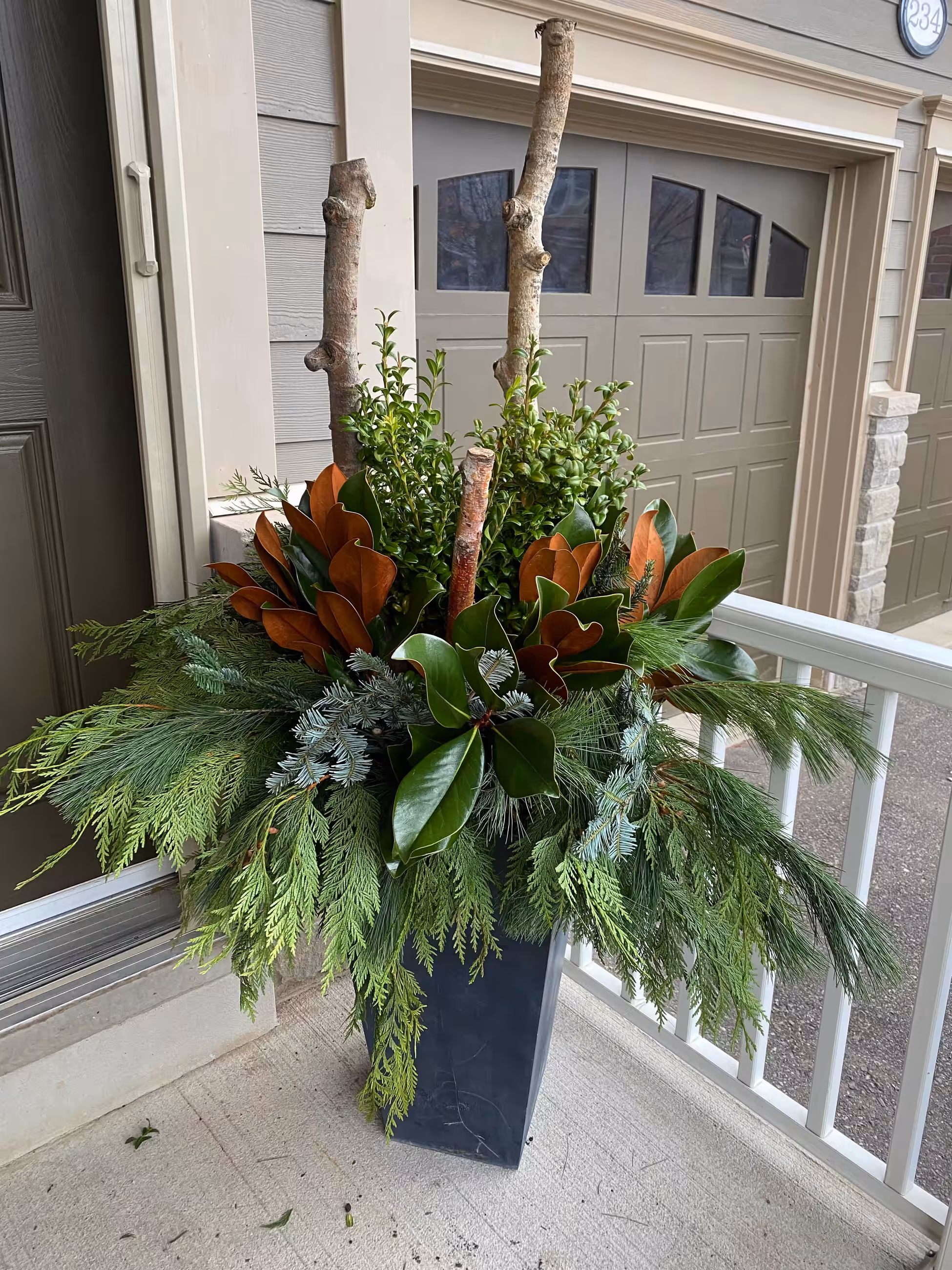 Winter planter magnolia birch branches garage entry