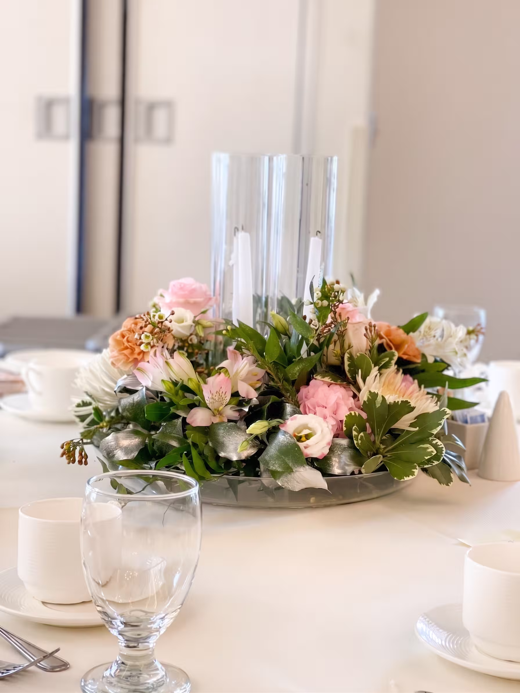 Pastel floral candle centerpiece