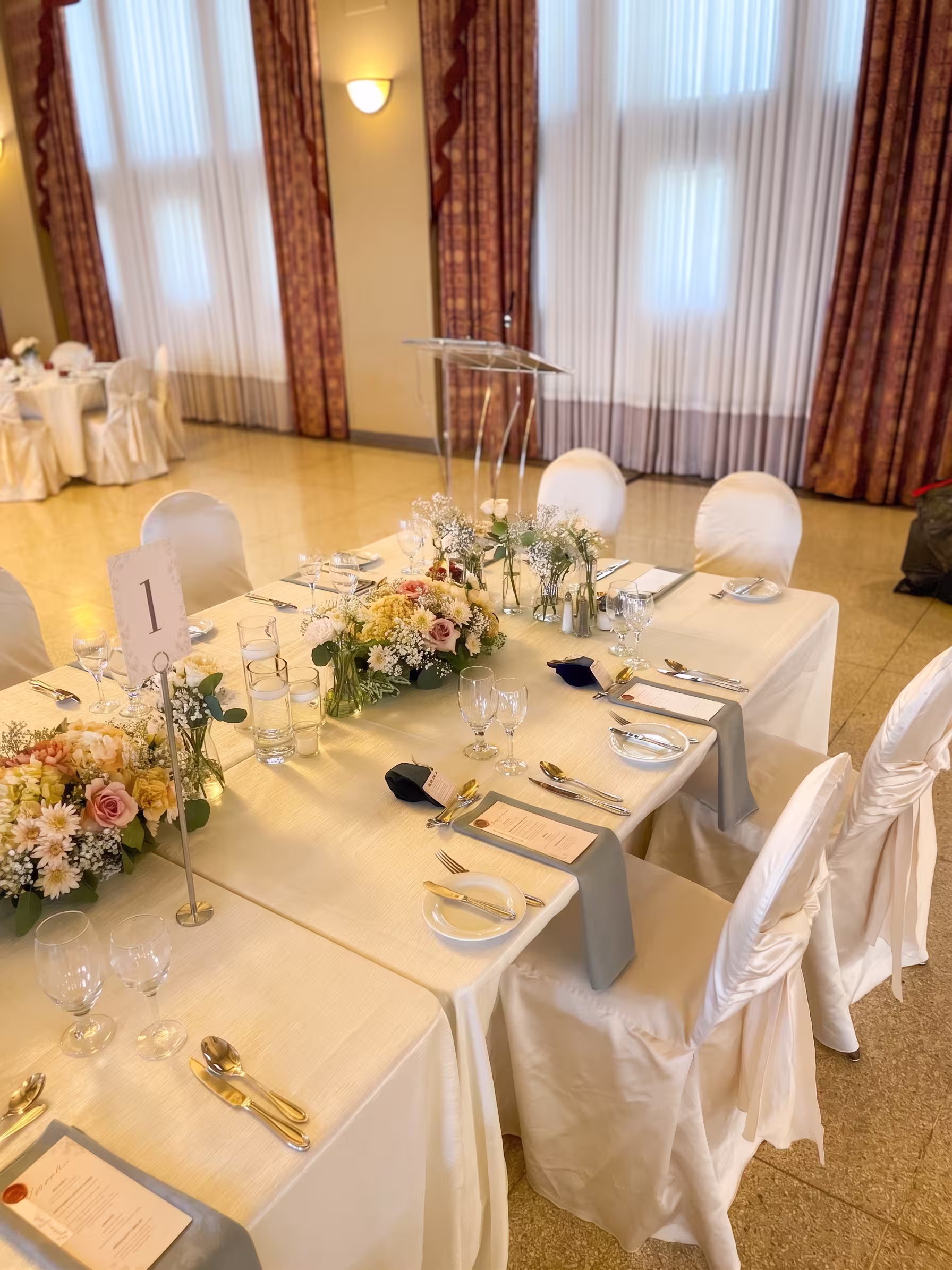 Pastel floral long table centerpieces