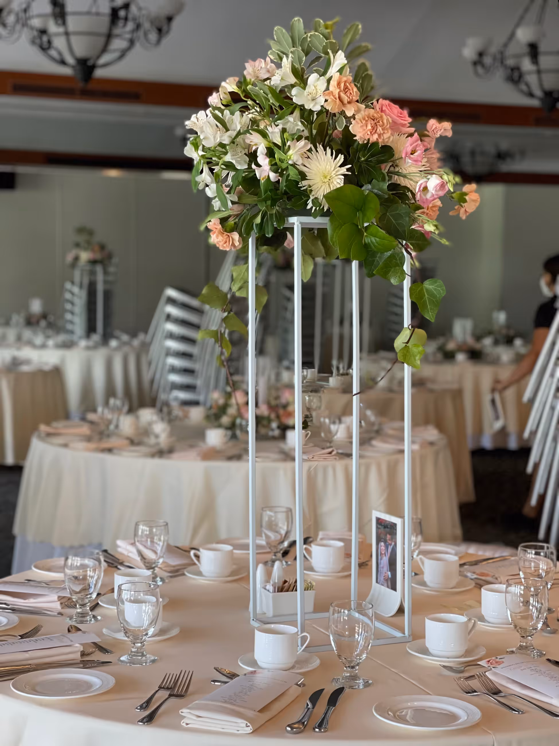 Pink peach white floral stand centerpiece