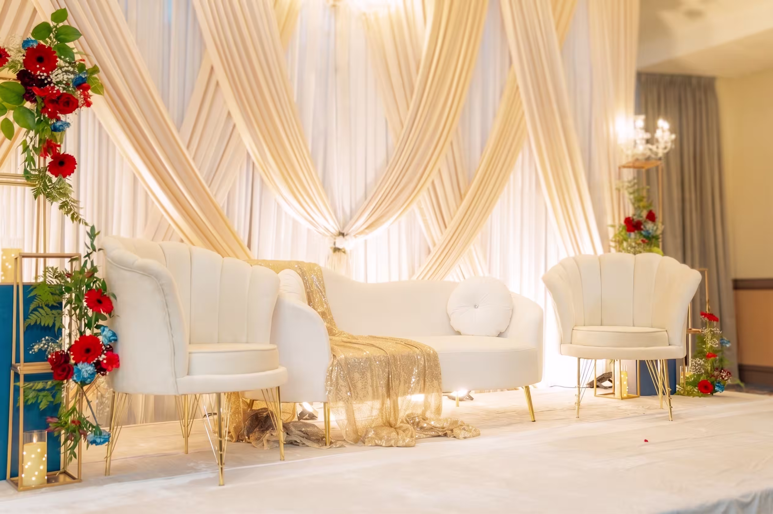 Red blue floral cream stage backdrop