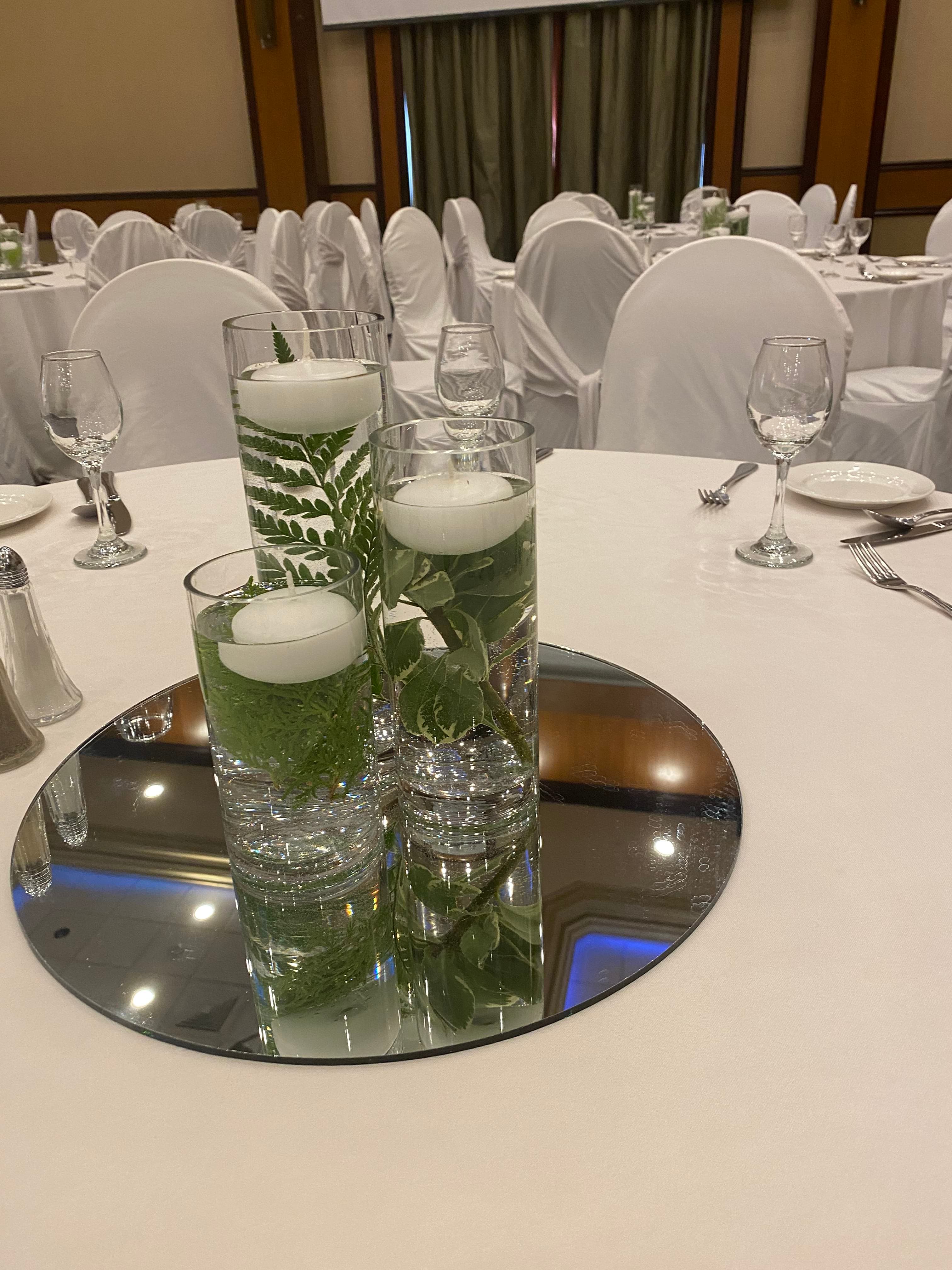 Set of three clear cylinder vases for rental — floral centrepiece vessels — item SEFR503