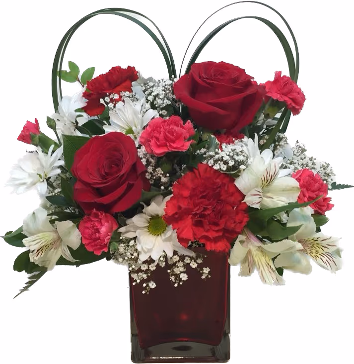 I Love You arrangement with red roses, red and white blooms, and a decorative heart accent