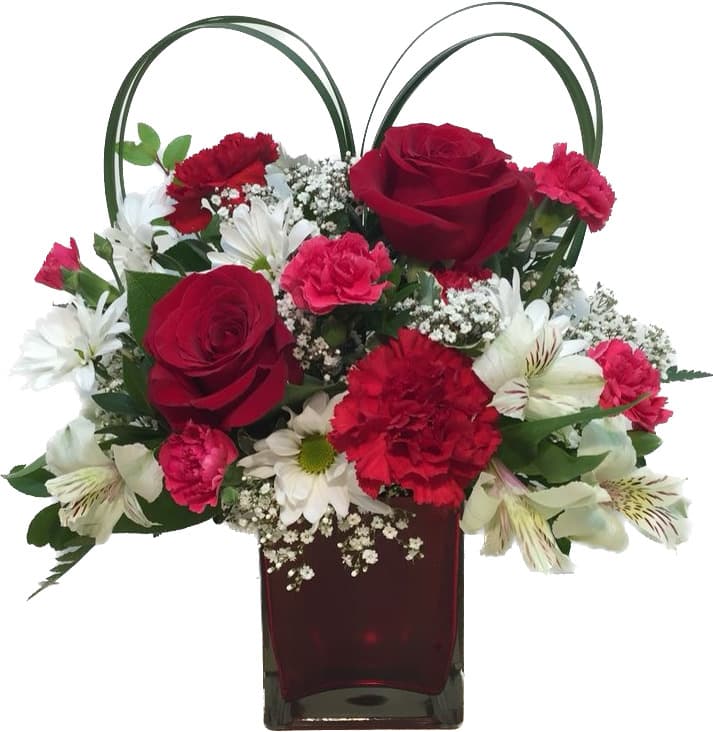 I Love You arrangement with red roses, red and white blooms, and a decorative heart accent