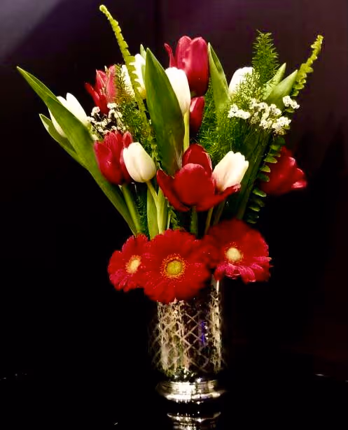 Red and white tulips with red gerbera daisies in a mercury-glass vase