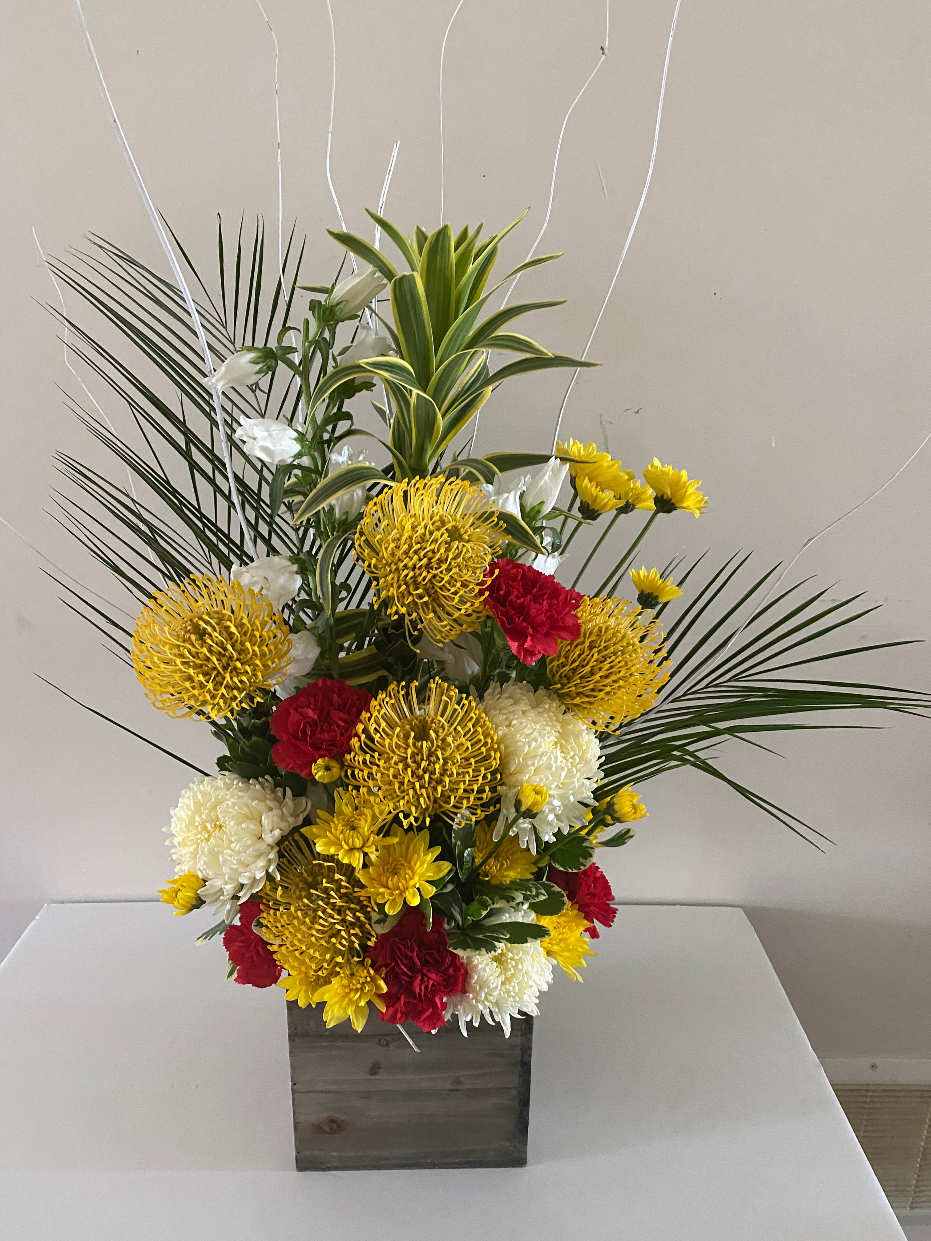 Starburst arrangement with pincushion proteas, Song of India foliage, and seasonal flowers