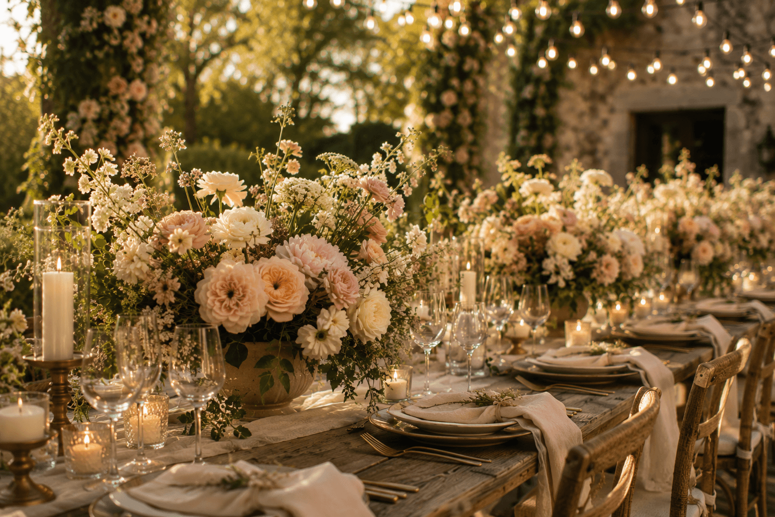 Elegant celebration table with floral centerpieces