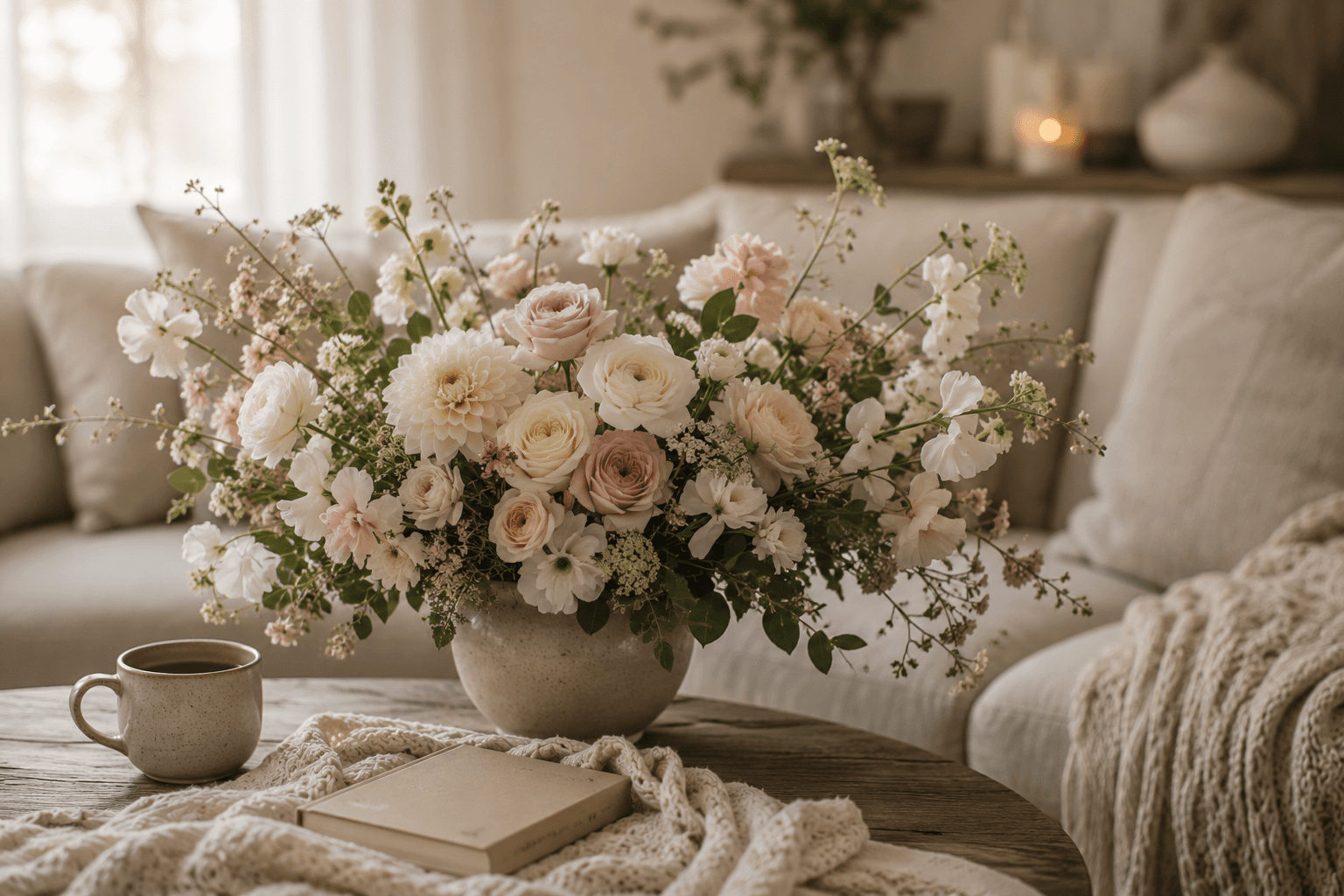 Soft floral arrangement in a warm home setting