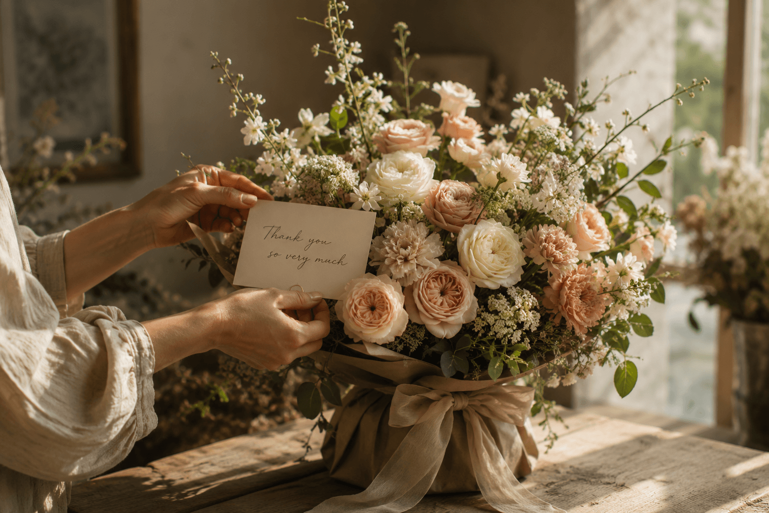 Floral gift arrangement with a thank you note