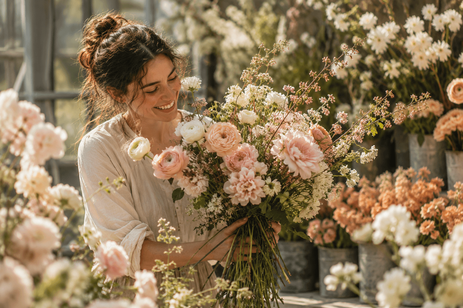 Joyful floral arrangement moment with soft pastel blooms