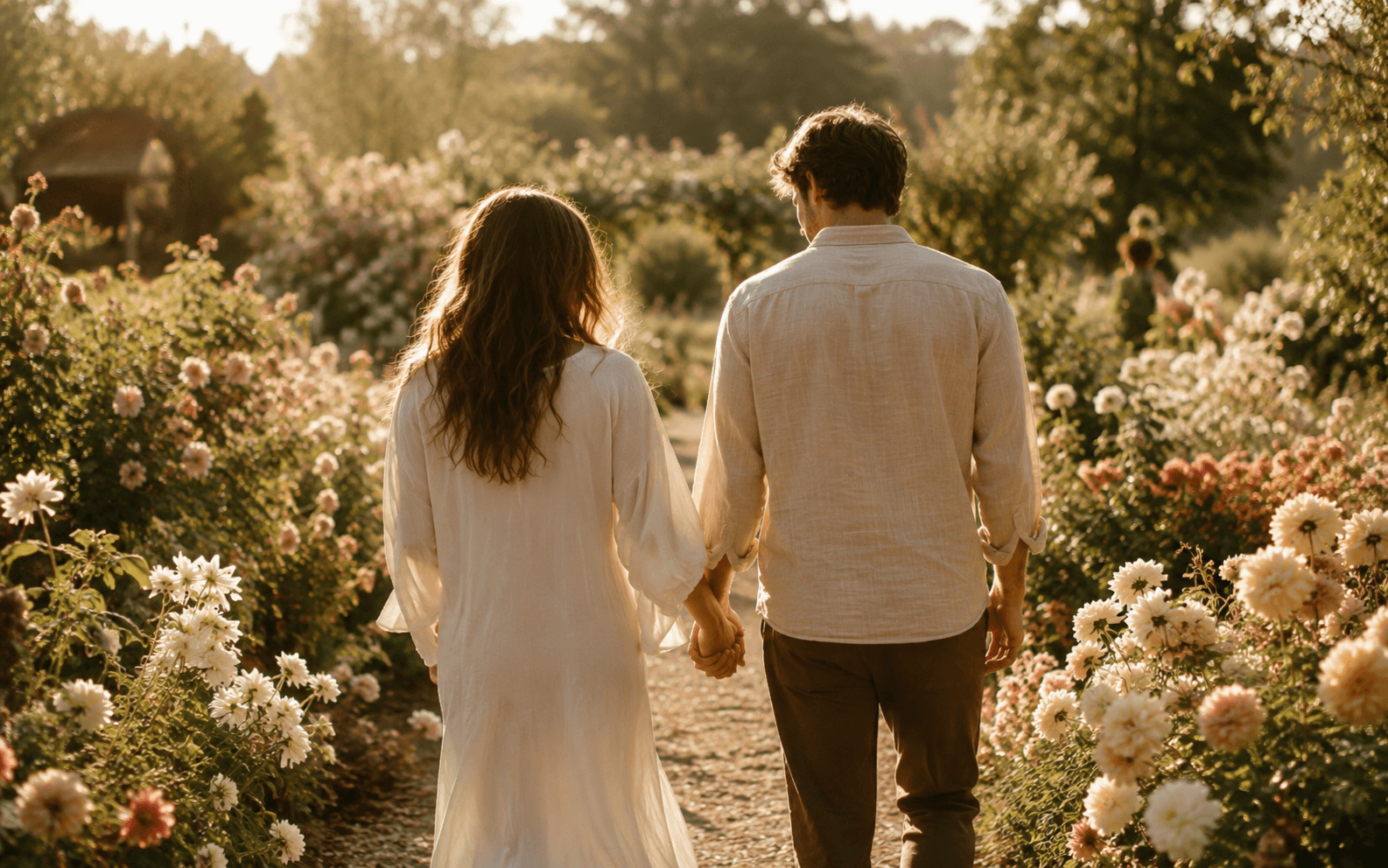 Couple walking through a flower garden, representing love and connection