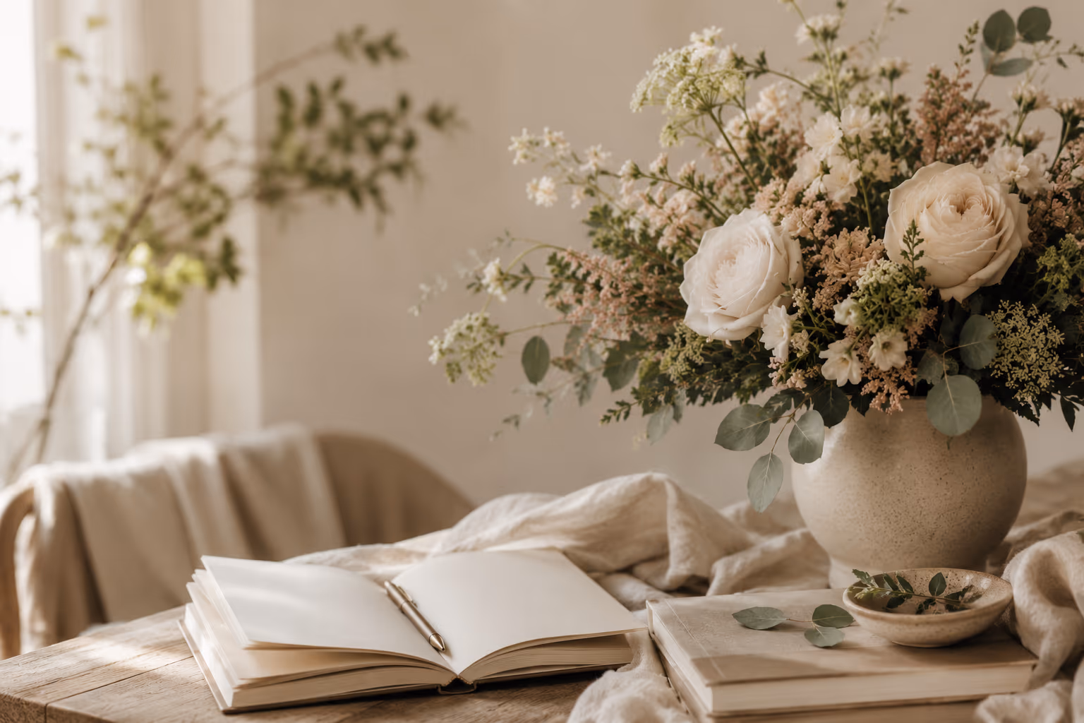 A lush floral arrangement representing the Simply Elegant Florals studio journal