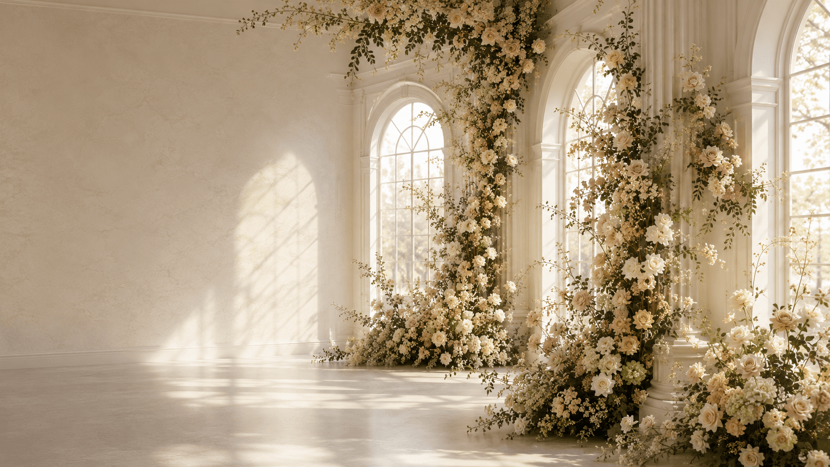 A sun-filled room with arched windows draped in an elaborate installation of blush and ivory garden roses