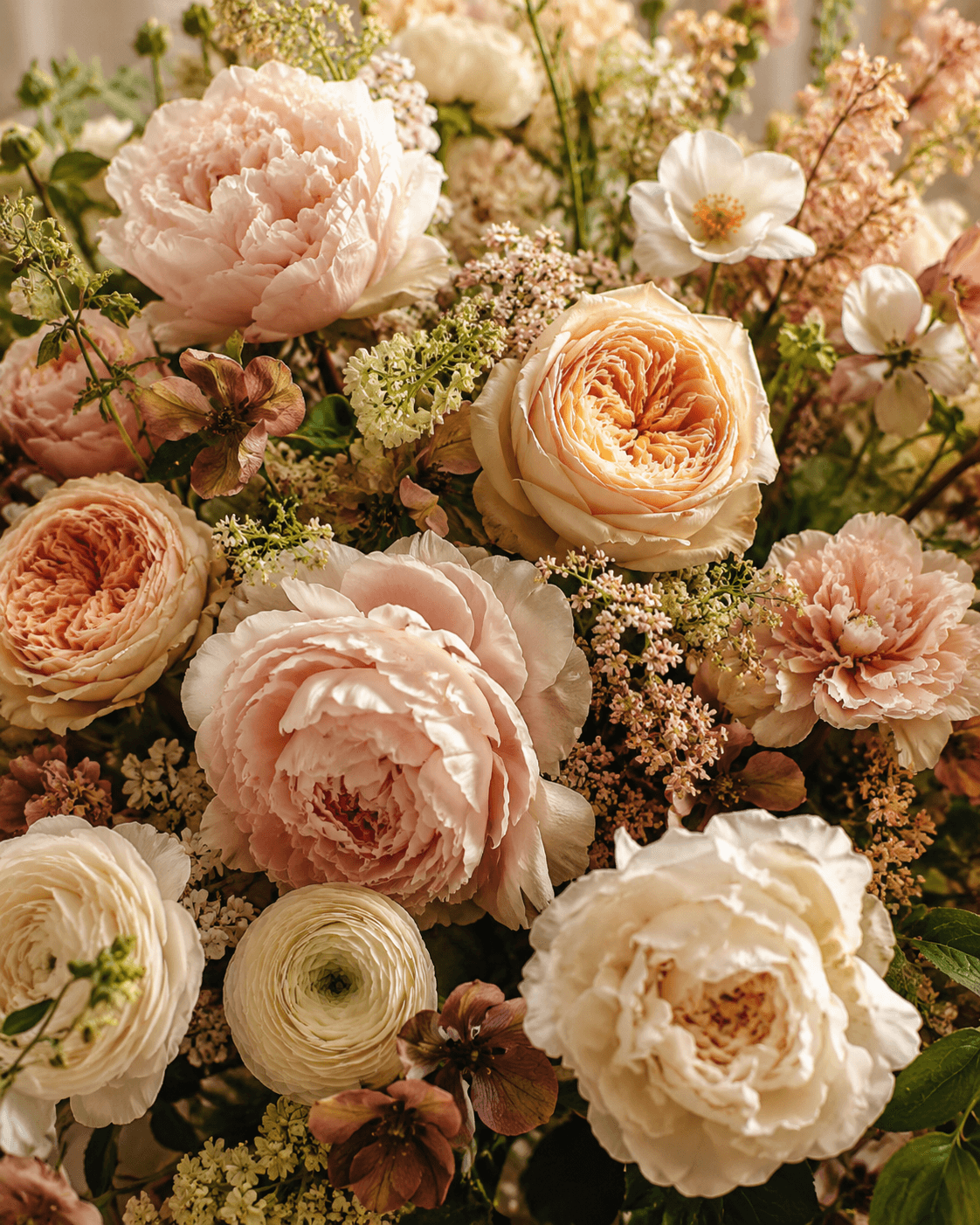 Fresh seasonal floral arrangement with roses and garden blooms