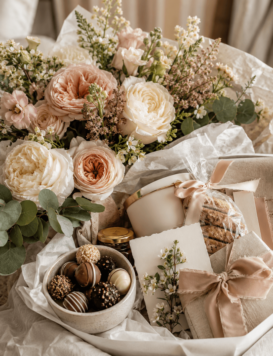 Beautifully arranged gift basket with flowers and seasonal accents