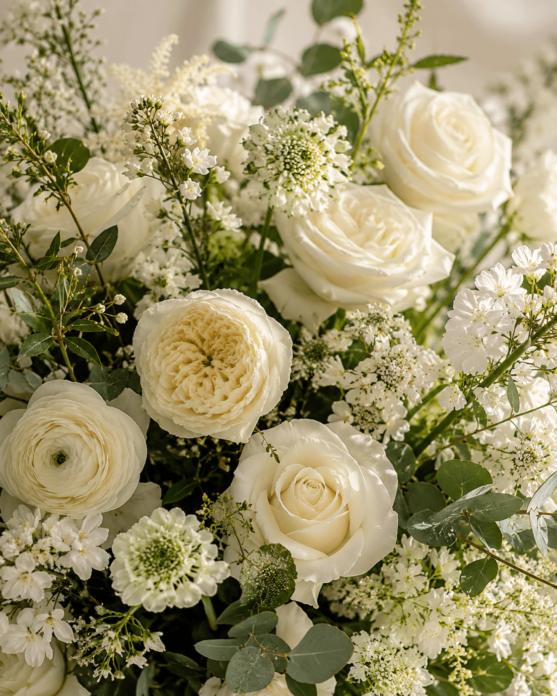 Elegant white sympathy flower arrangement