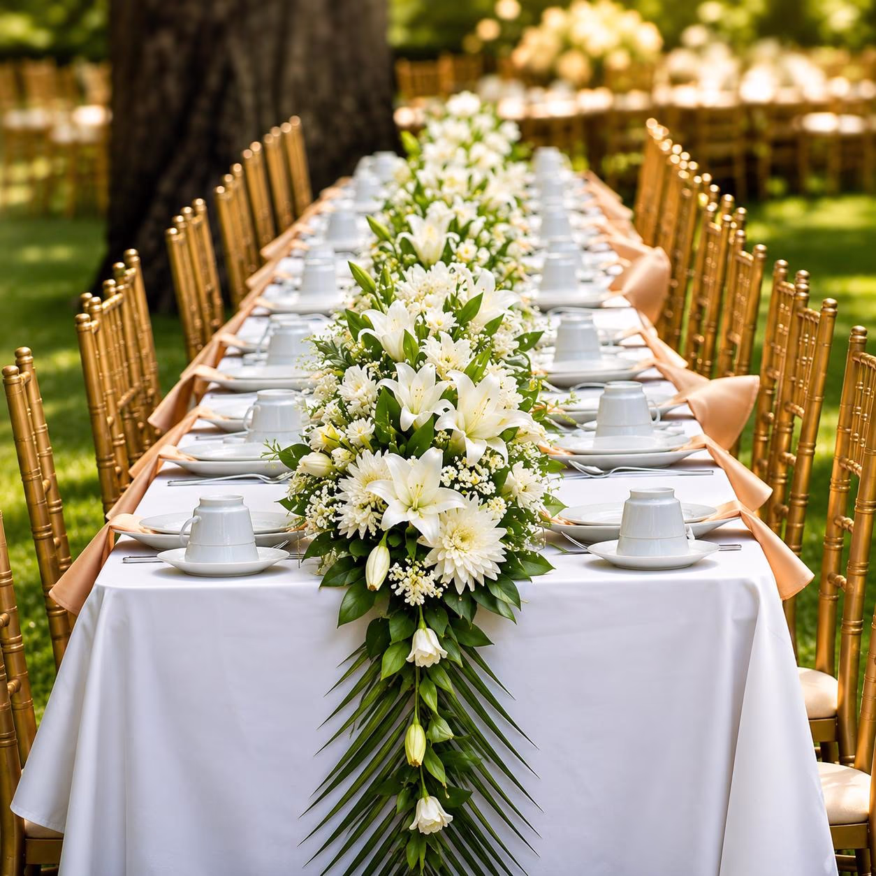 Long outdoor banquet table with a white lily and chrysanthemum floral runner and gold chairs