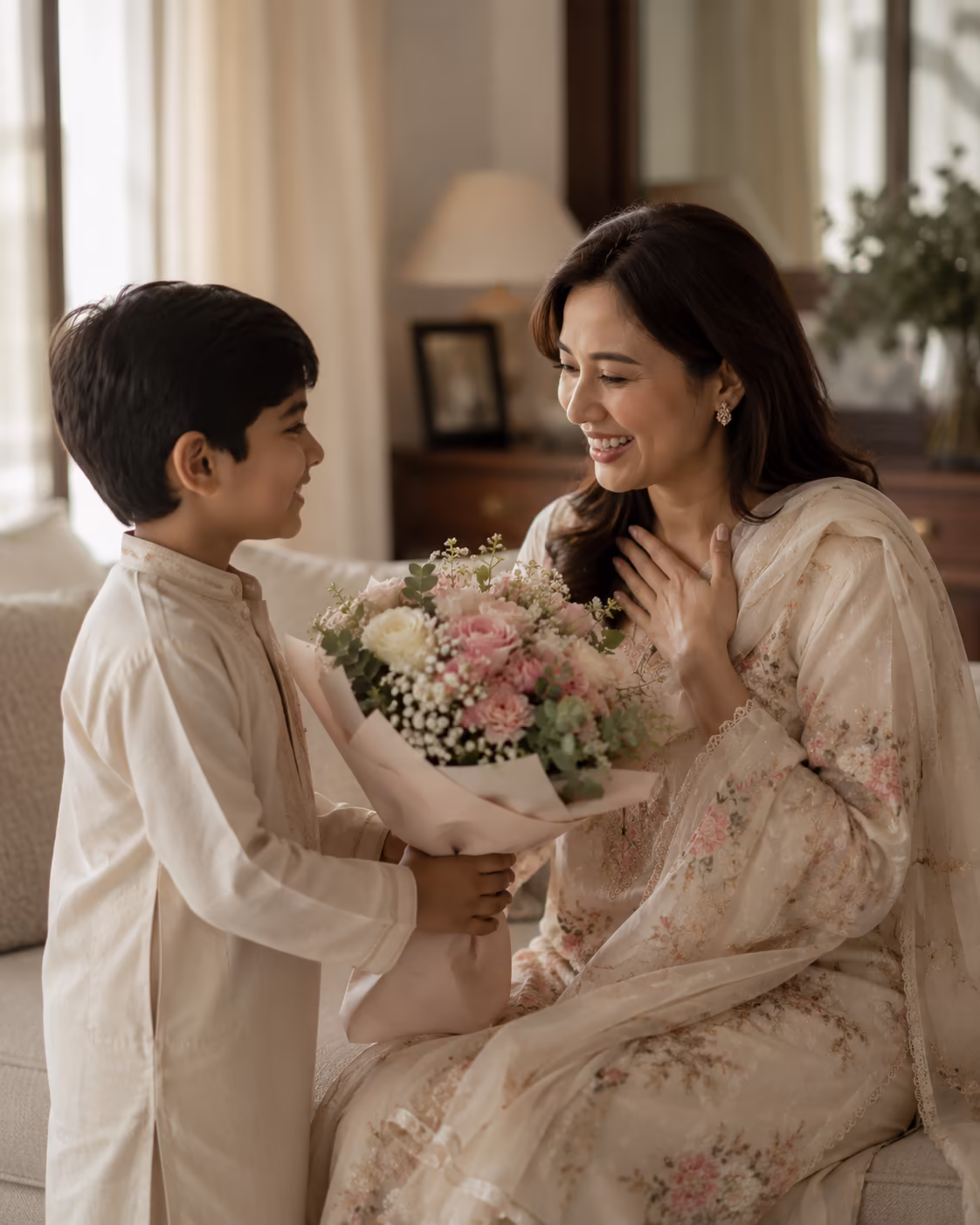 Pakistani child giving a bouquet of flowers to his mother