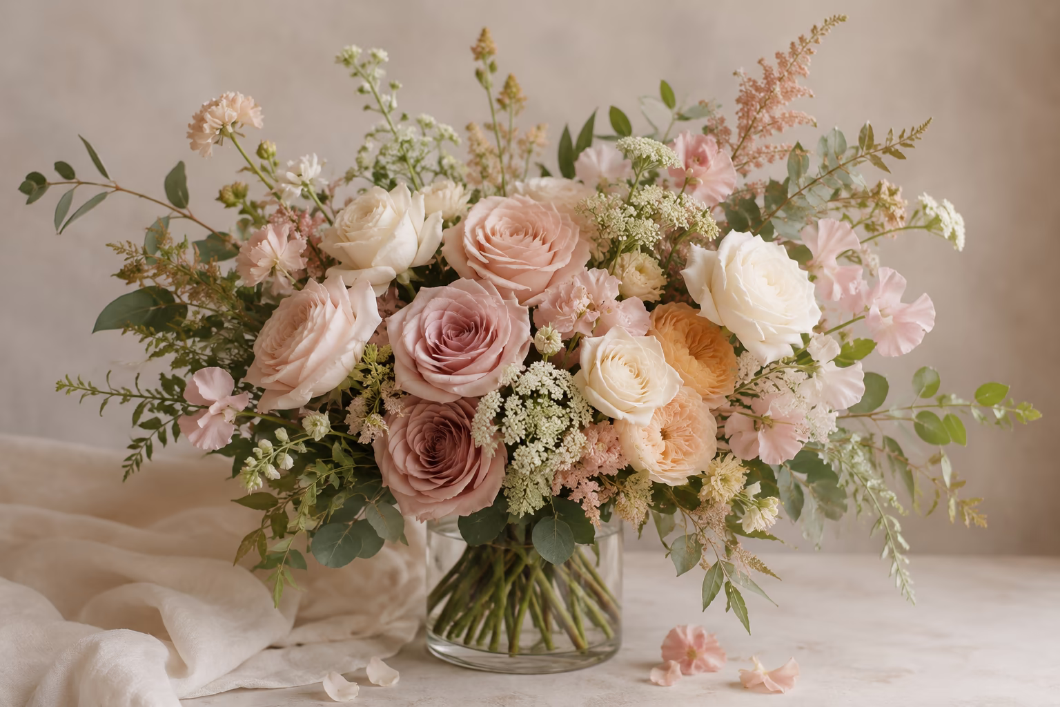 A romantic blush and ivory garden rose arrangement in a glass vase