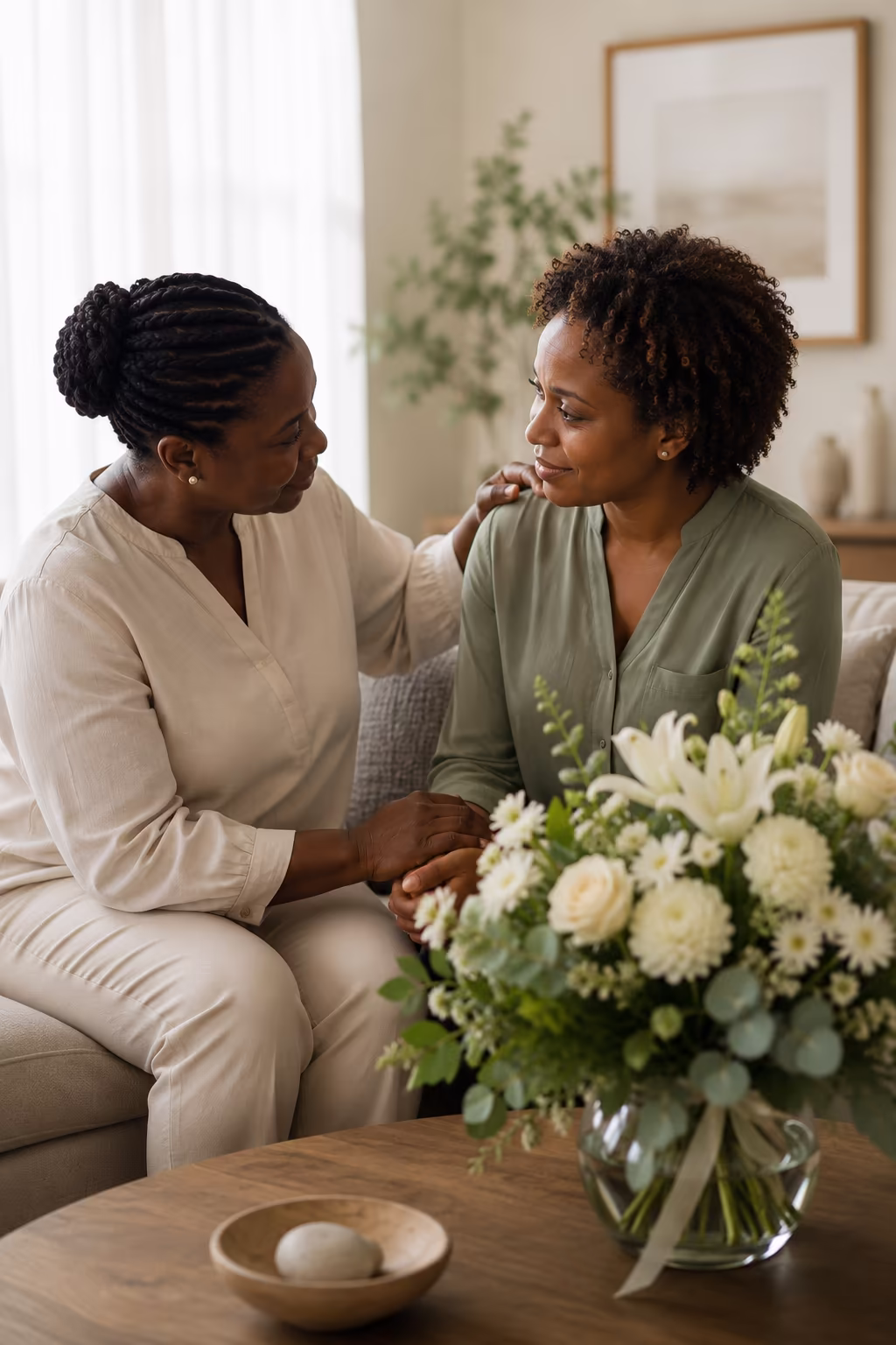 Two Black women sharing a supportive moment beside a sympathy flower arrangement
