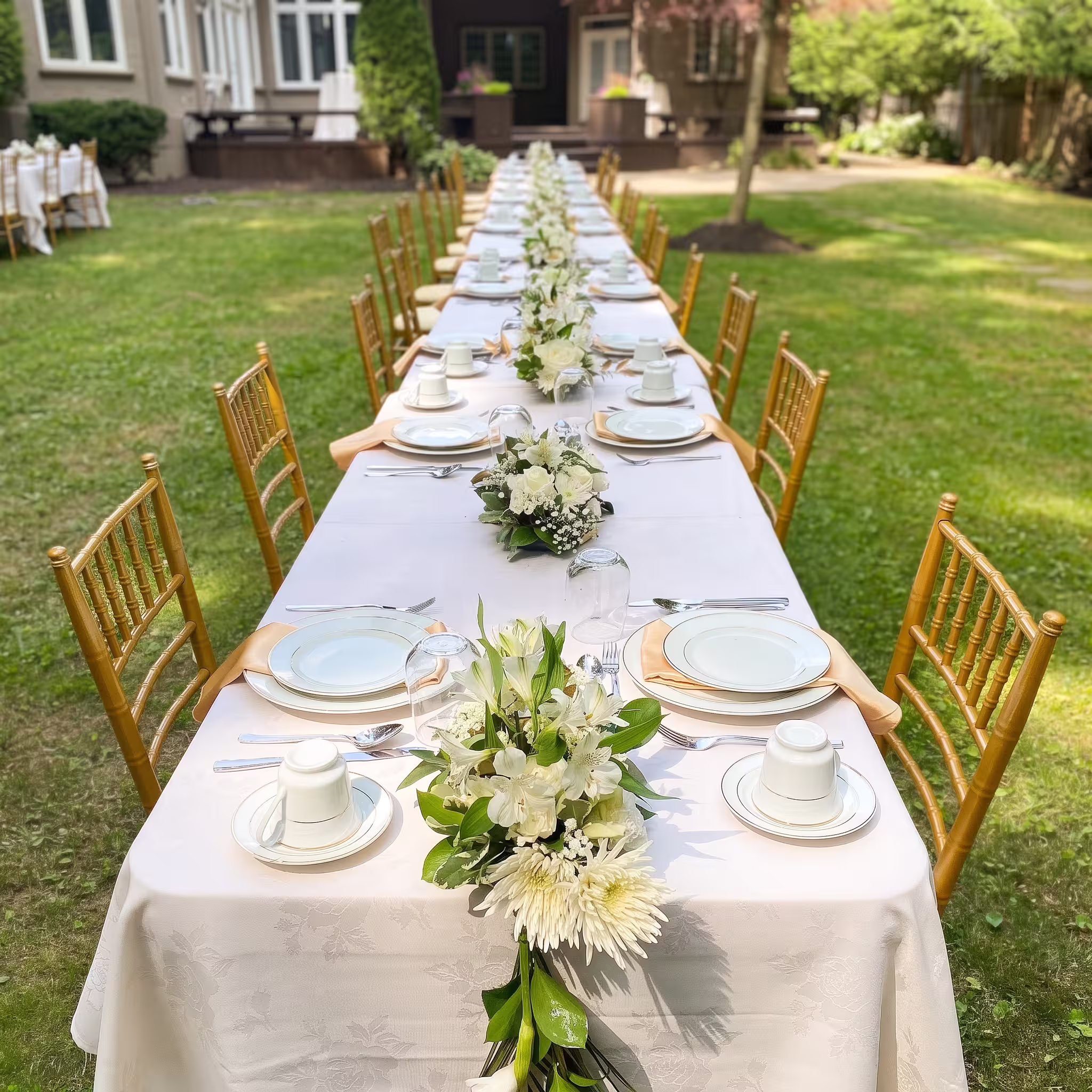 White floral runner along an outdoor banquet table with gold chairs